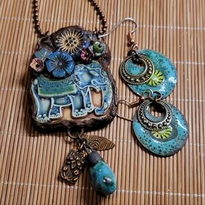 Artisan Elephant W/ Labradorite Drop "Time Travelers Tokens"  Pendant & Earrings